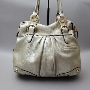 B Makowsky Double Handle Zip Shoulder Bag Pleated Leather Gold Medium Designer